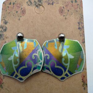 Vintage Abstract Earrings Pierced Post Green Purple Whimsy